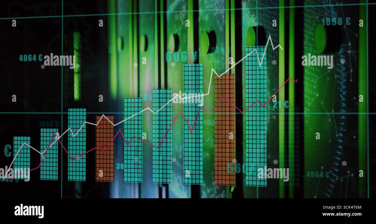 Presenting data visualization overlaying grid over green-lit racks, showing bars and line graphs Stock Photo