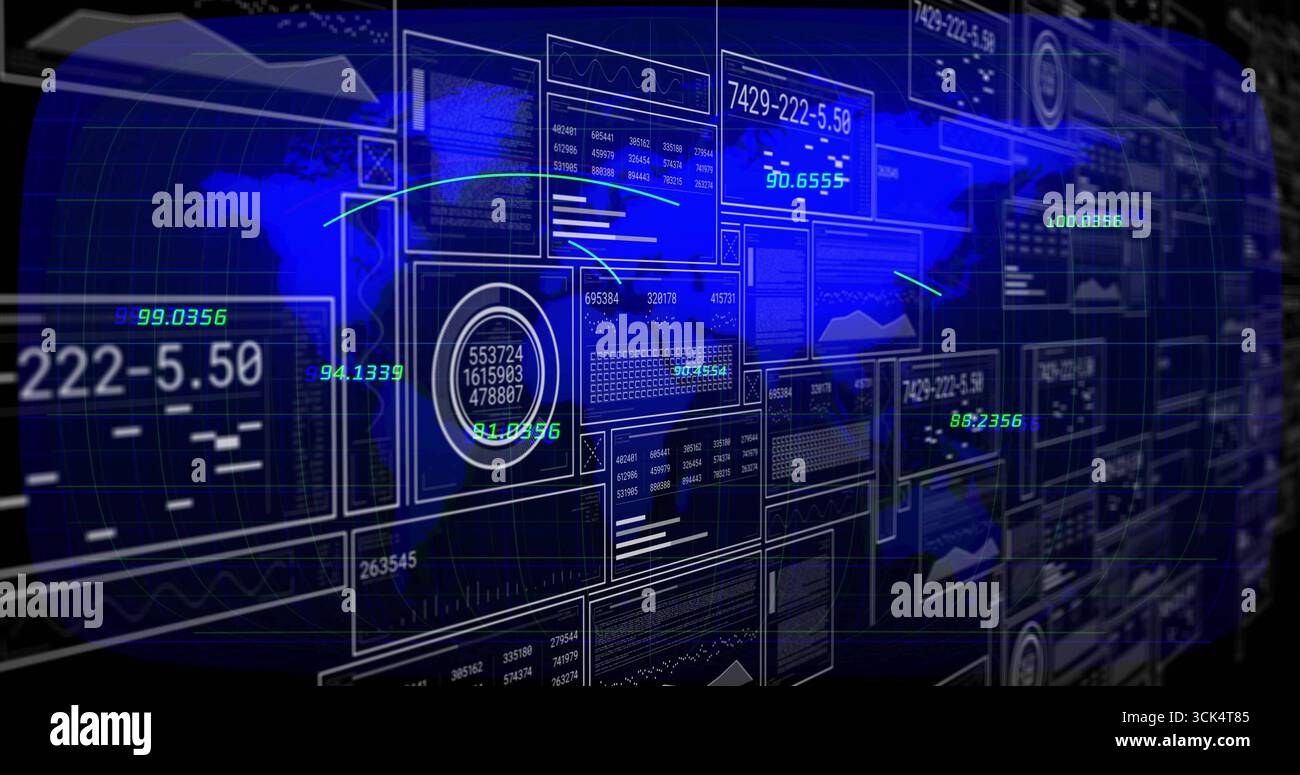 Displaying digital dashboard showcasing dynamic graphs on virtual interface with neon trend lines Stock Photo