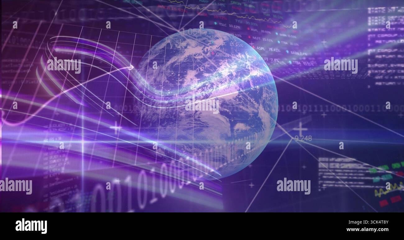 Circulating stylized Earth globe in virtual data space, showing binary digits and glowing streaks Stock Photo