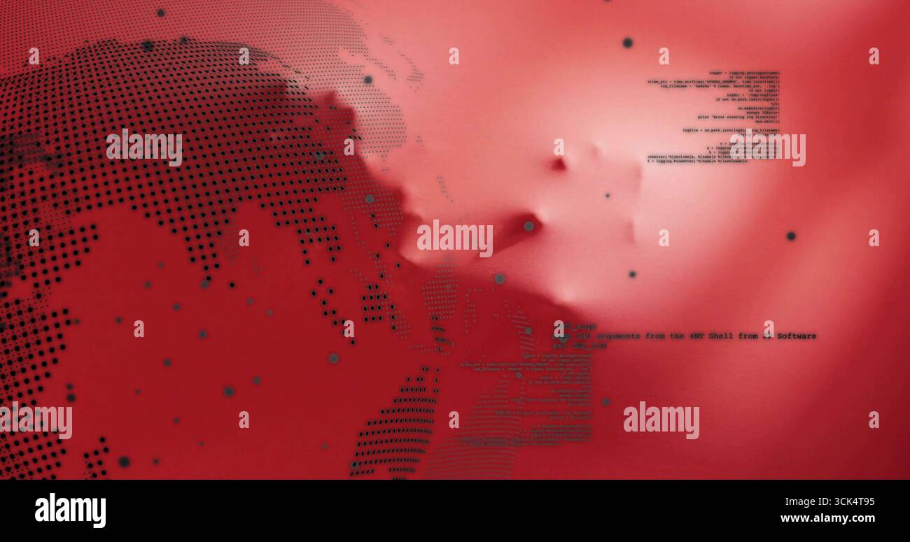 Black dot matrix globe hovering in red digital gradient, with code ...