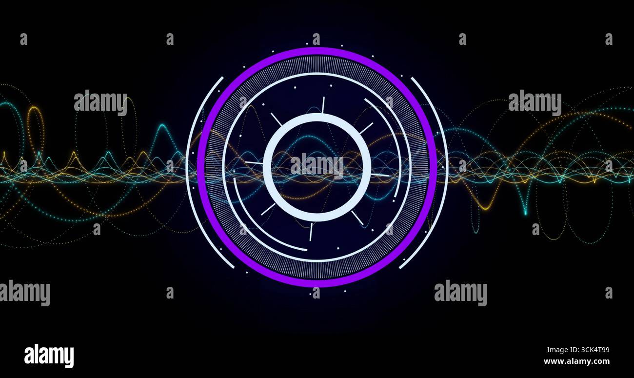 Displaying HUD interface at dashboard, showing concentric circles, segmented arcs and waveforms Stock Photo