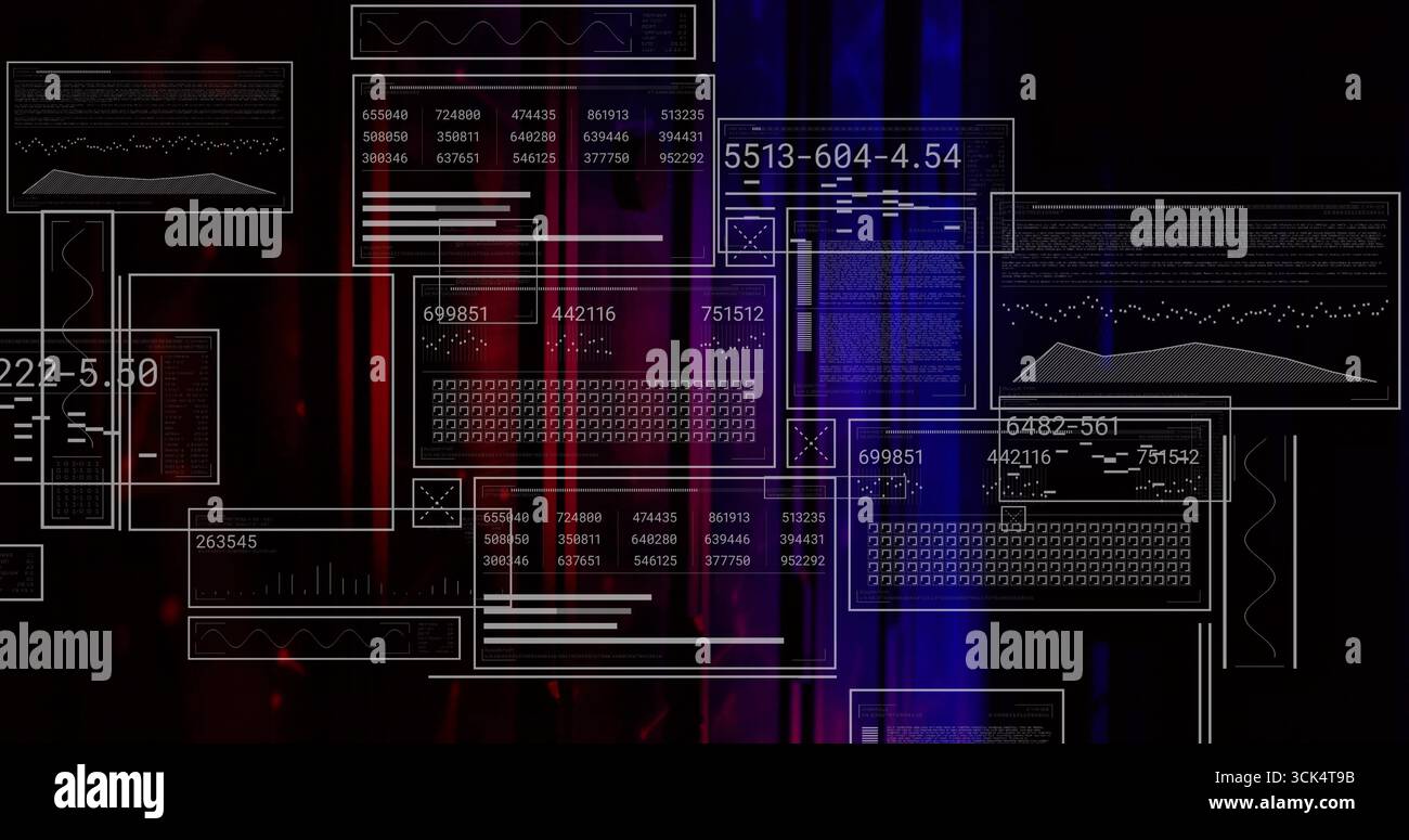 Floating wireframe panels displaying readouts and waveforms over red purple blue gradient backdrop Stock Photo
