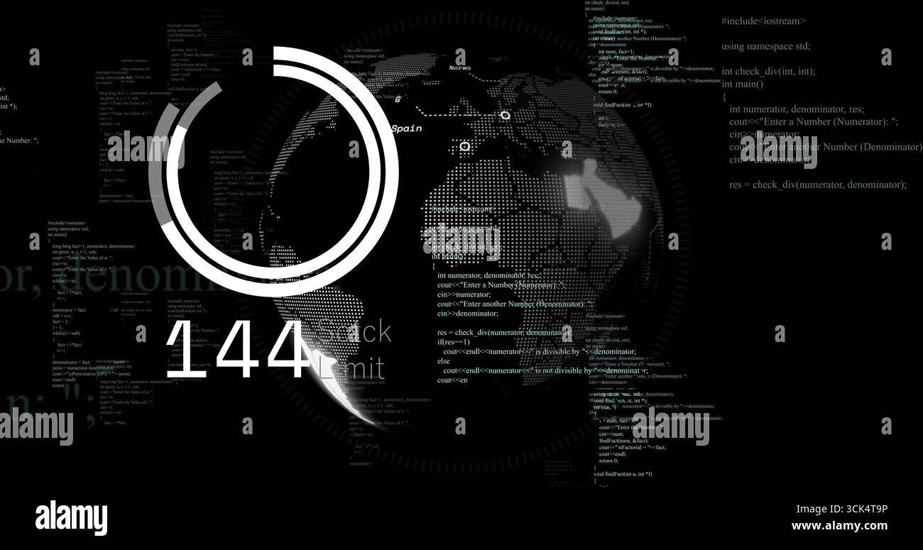 Showing dot-matrix globe spinning on dashboard, with circular progress displaying 1440 and C++ code Stock Photo