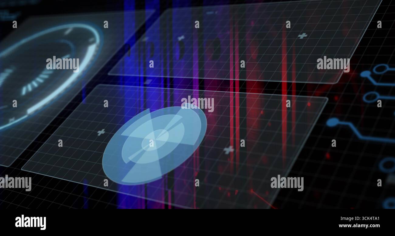 Displaying radar HUD on control-panel, with grid-panels, red-blue bars, circuit-lines, copy space Stock Photo