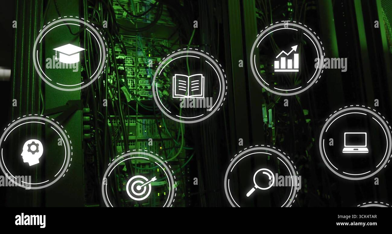 Displaying white digital icons hovering over server racks in data center, with network cables Stock Photo