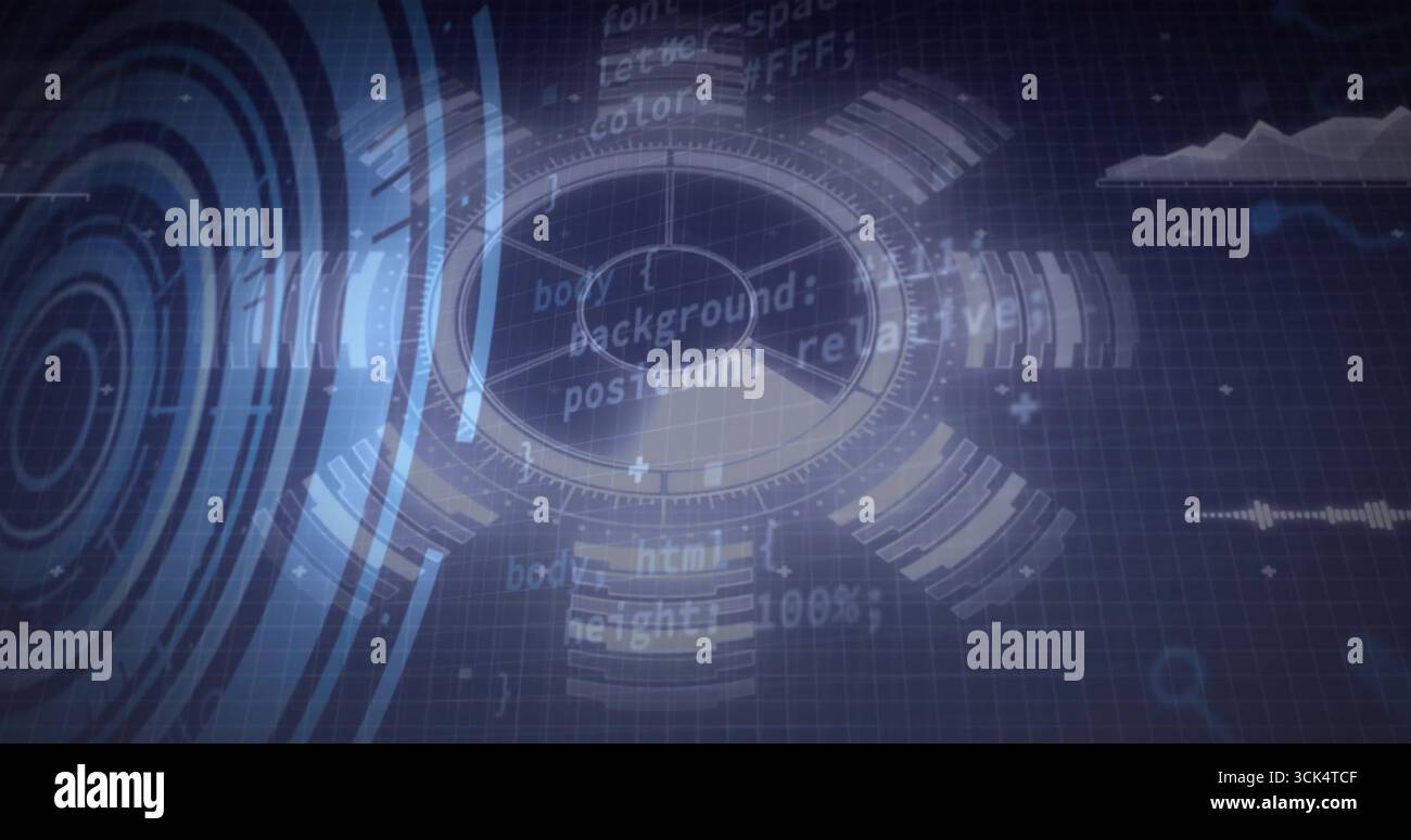 Displaying interface on blue grid, with circular HUD, concentric circles, code snippets, charts Stock Photo