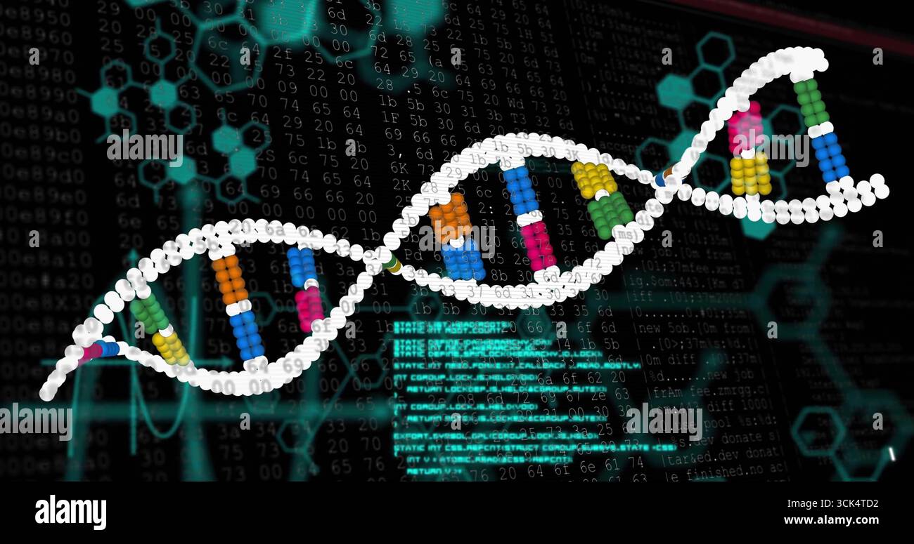 Displaying DNA helix with colored bases on screen amid scrolling code and hexagonal matrix diagrams Stock Photo