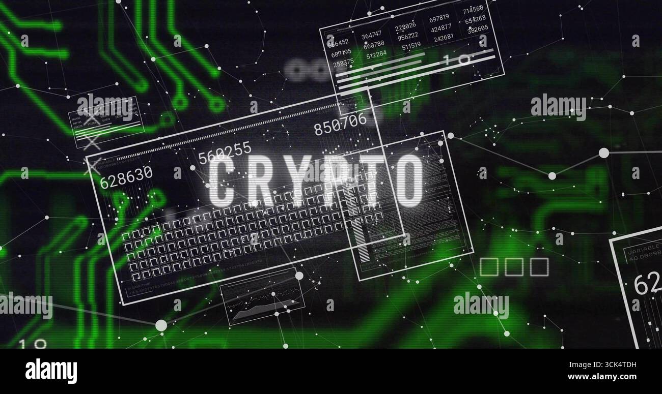 Displaying CRYPTO text in virtual network interface, with floating data panels and green circuits Stock Photo