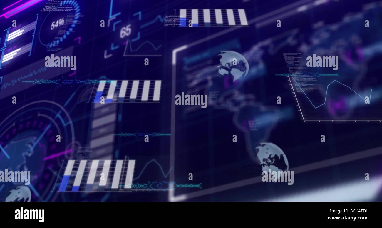Showing data display on dark backdrop, featuring gauge, charts and graphs, globes, readouts, code Stock Photo