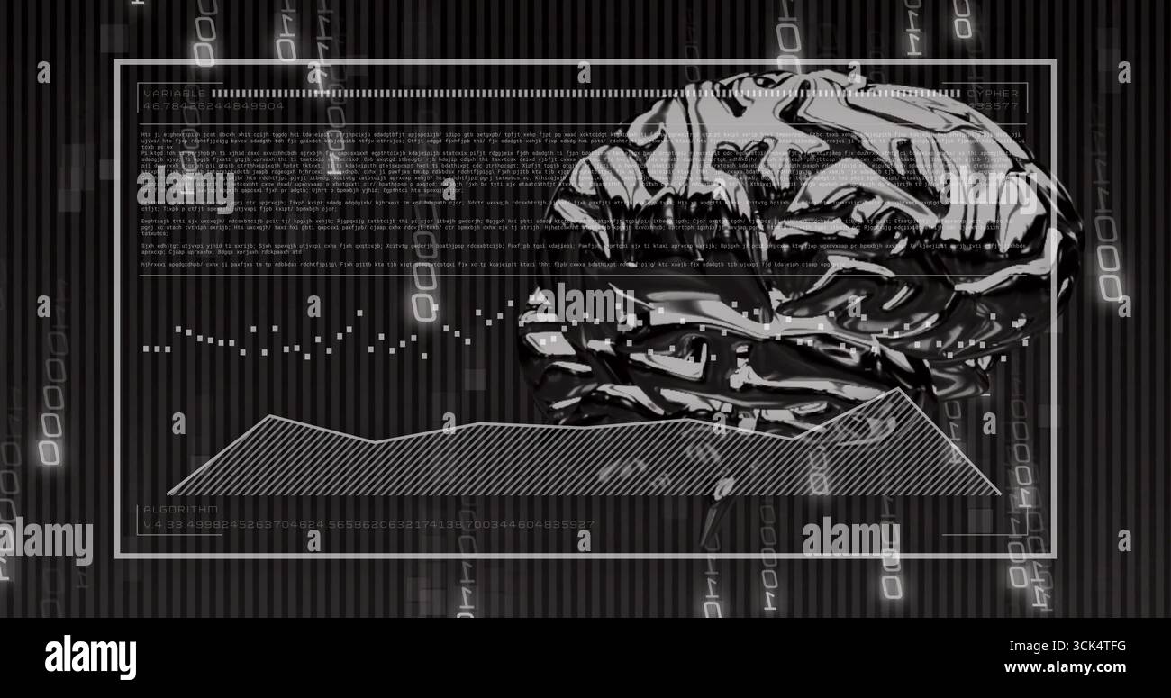 Rendering metallic brain model at right in data UI, showing code, waveforms, plots and data columns Stock Photo