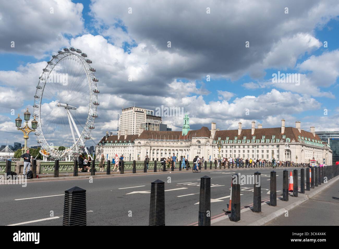 View of Westminster Bridge in central London with the London Eye and County Hall in the background, London, England, UK Stock Photo