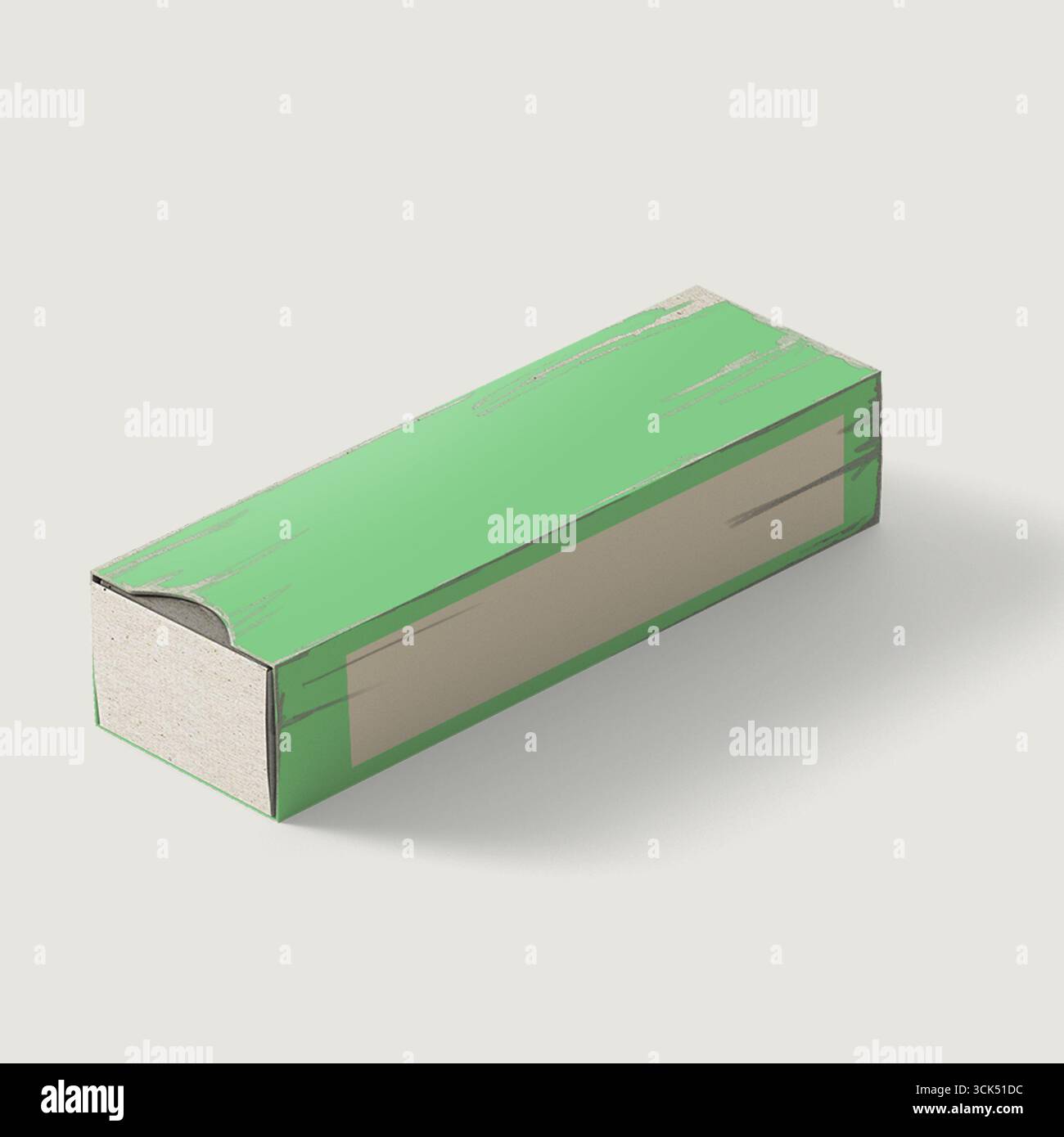 A green rectangular box with a slightly damaged corner, likely used for packaging or storage. Stock Photo