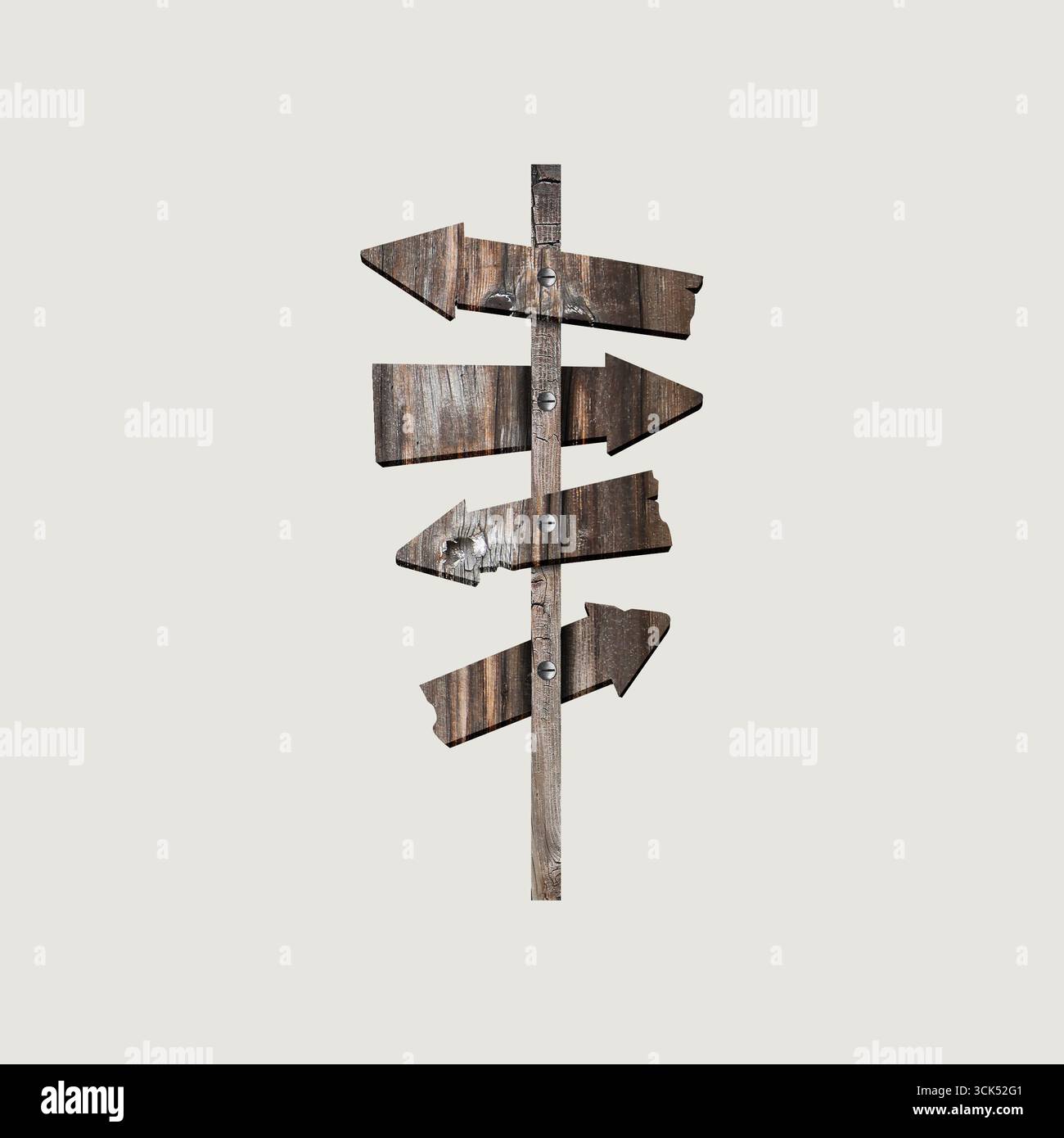 A wooden directional signpost with multiple arrows pointing in ...