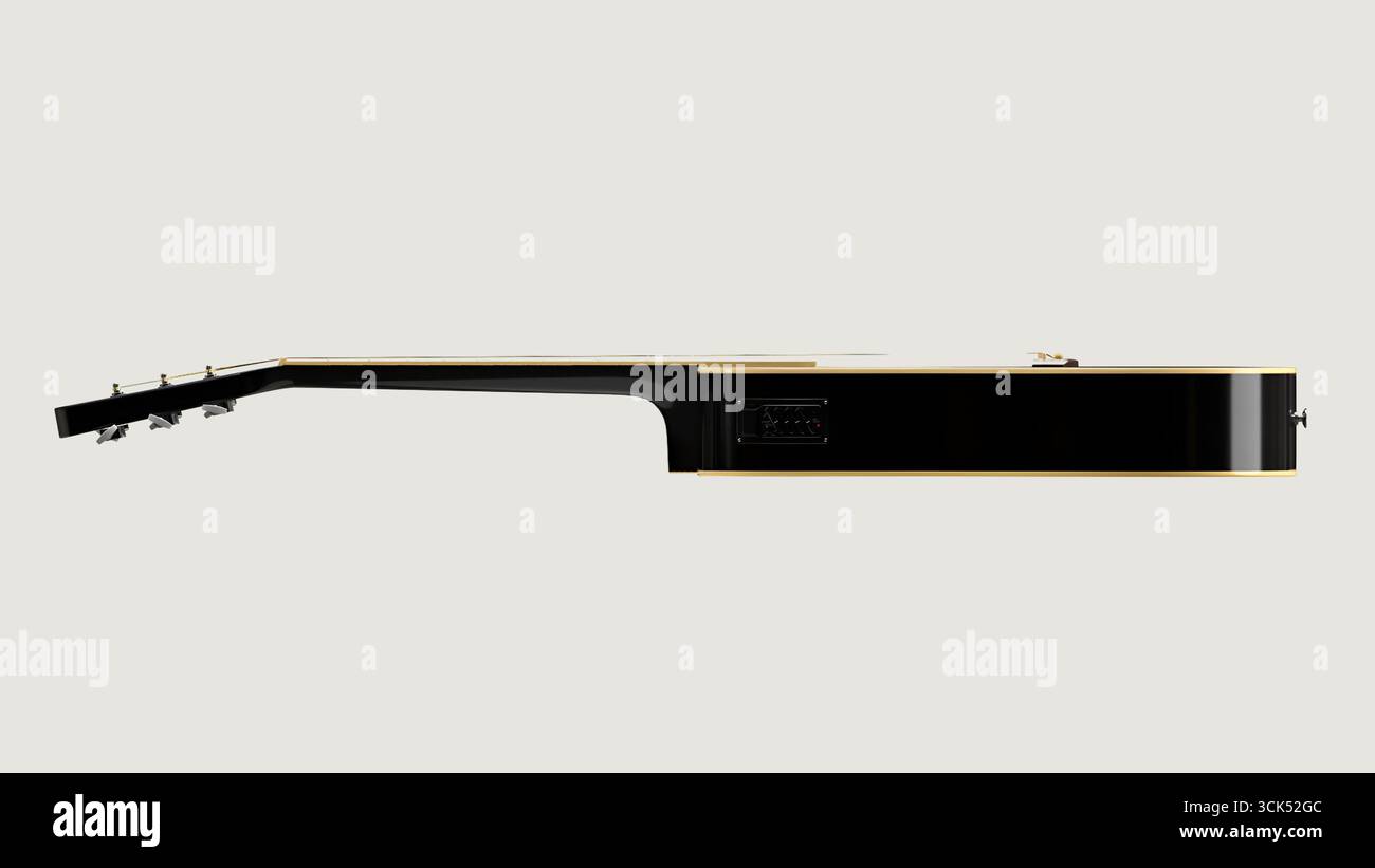A side view of a black acoustic guitar showcasing its elegant design and craftsmanship. Stock Photo