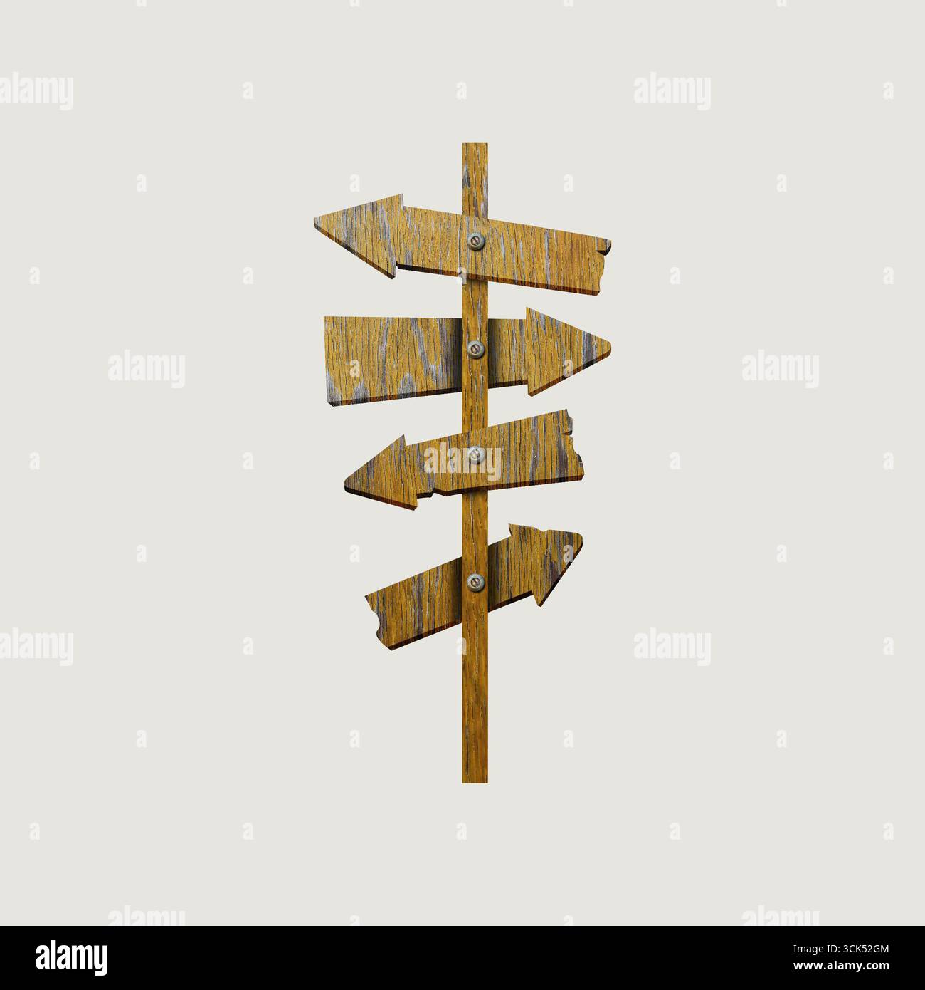 A wooden directional signpost with multiple arrows indicating various ...
