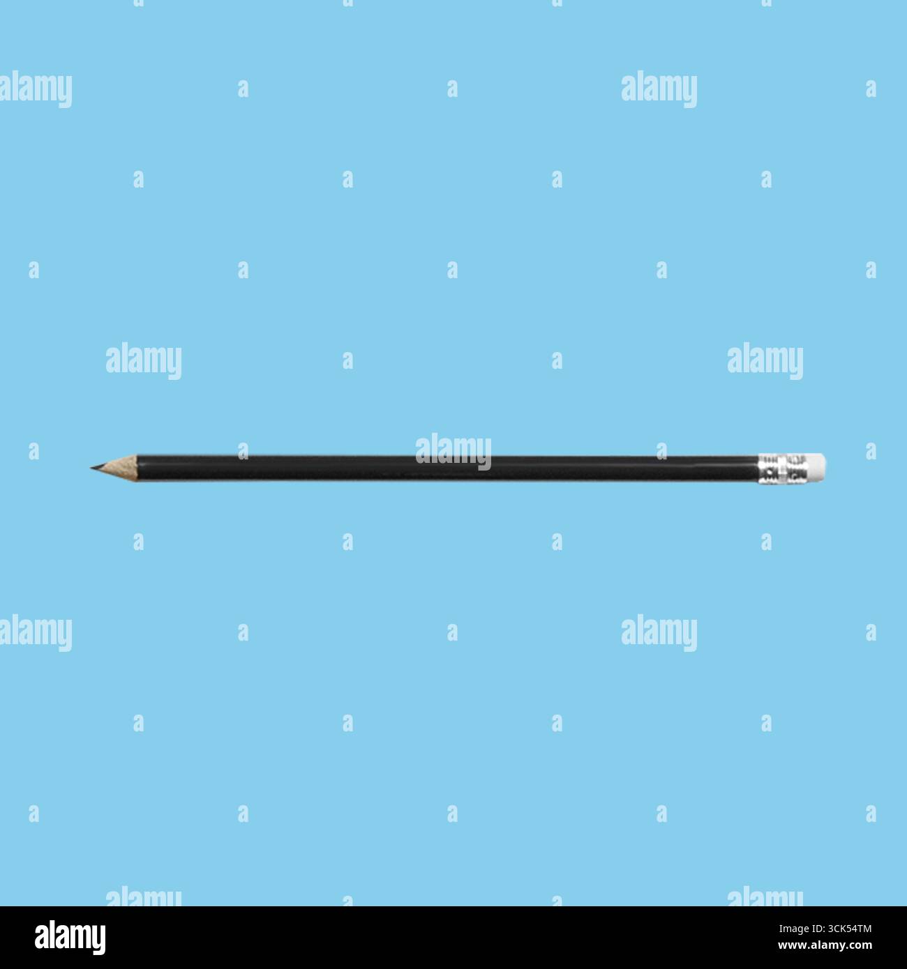 A simple black pencil with a silver eraser at one end, used for writing or drawing. Stock Photo