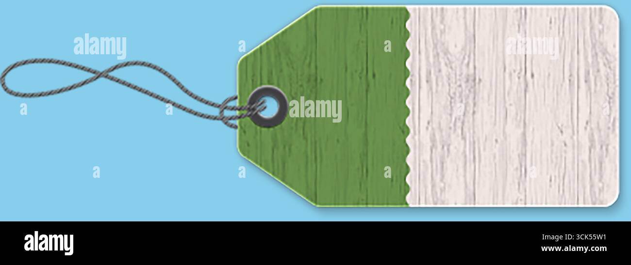 A rectangular tag featuring a green and white design, likely used for labeling or pricing items. Stock Photo