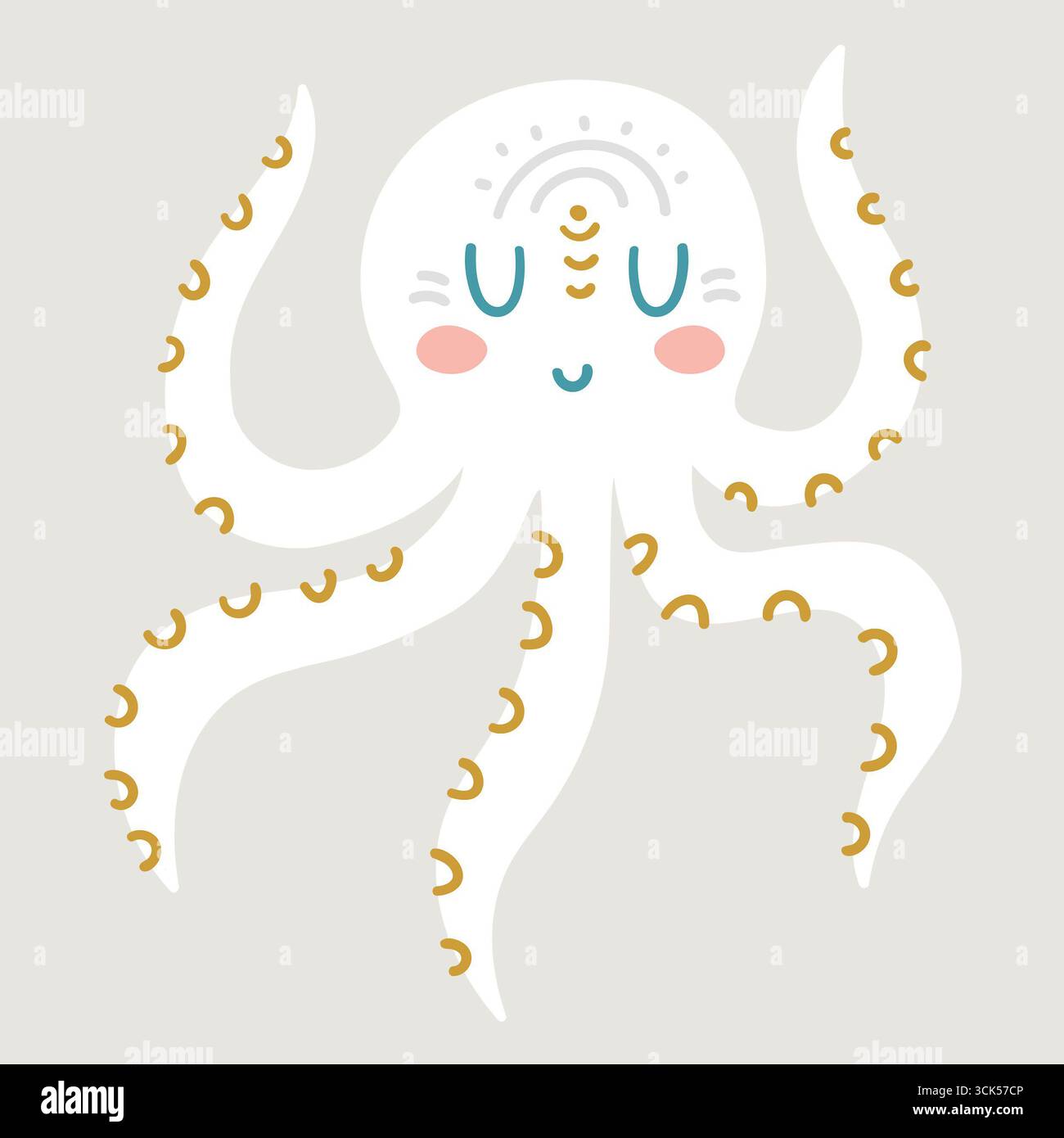A cute, cartoon-style octopus with a happy expression and wavy tentacles. Stock Photo