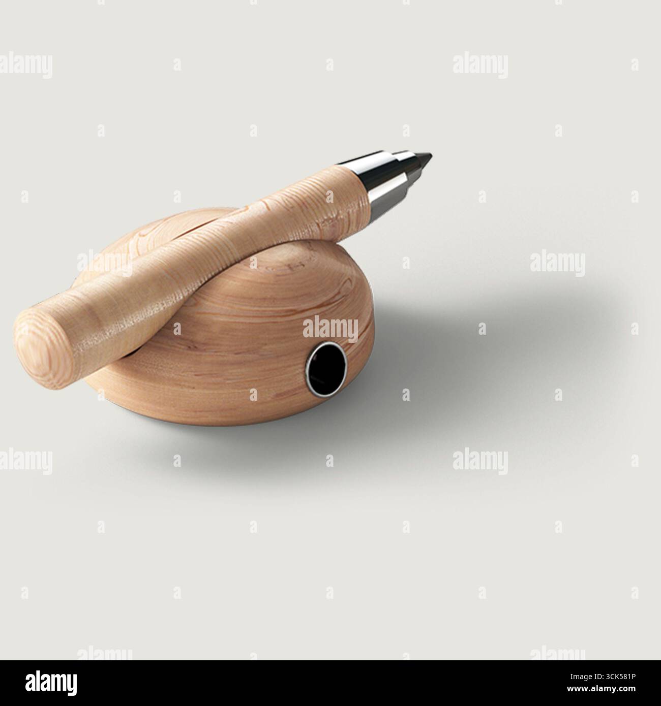 A sleek wooden pen resting on a circular wooden holder, designed for ...