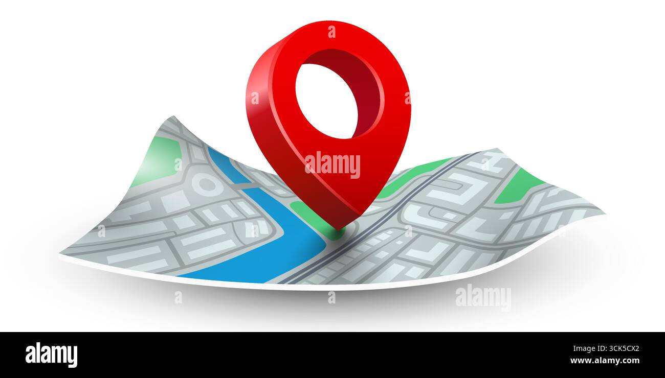 Folded maps navigation with red road pin. Vector illustration Stock Vector