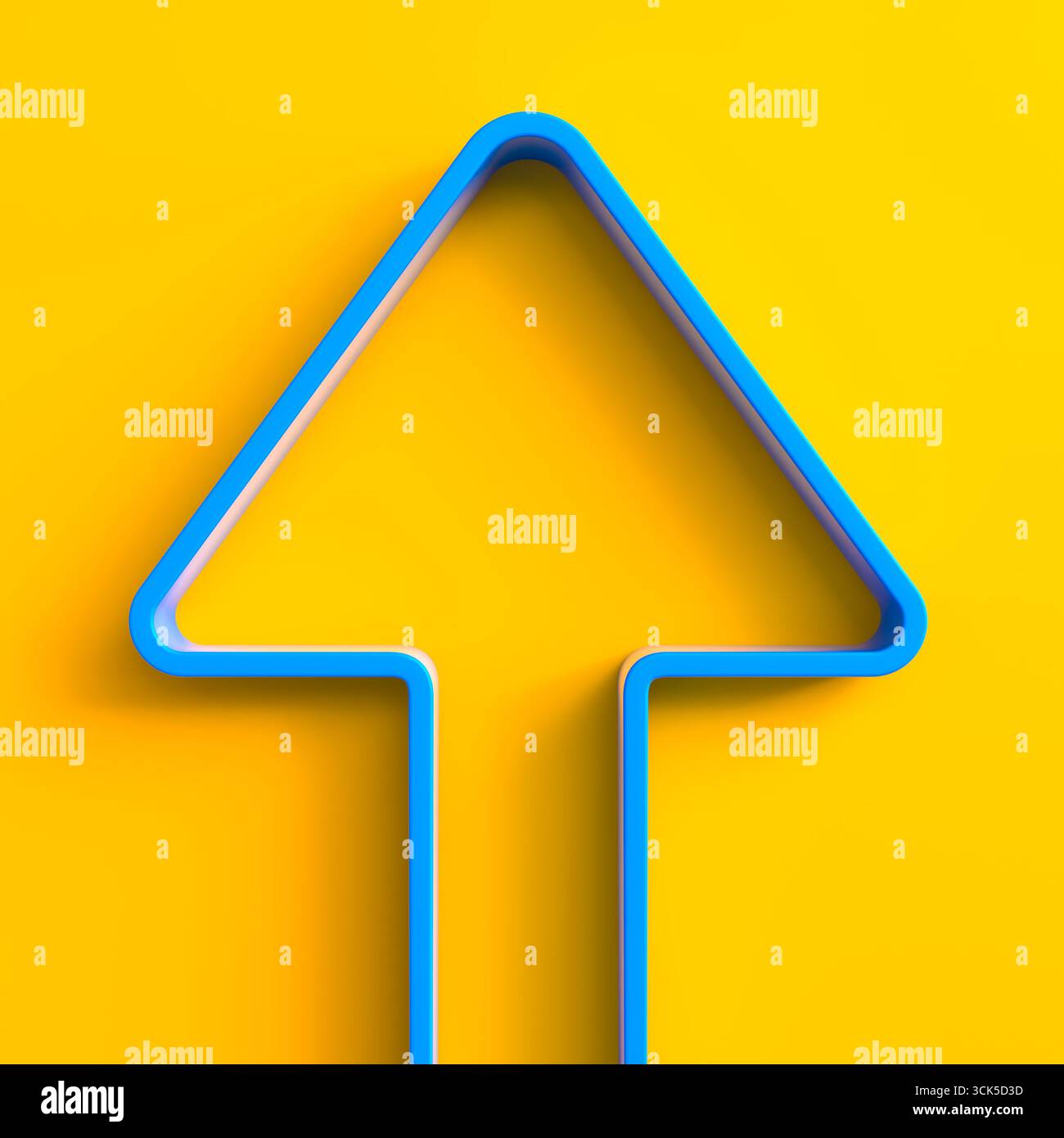 3d blue arrow pointing upwards yellow background Stock Photo