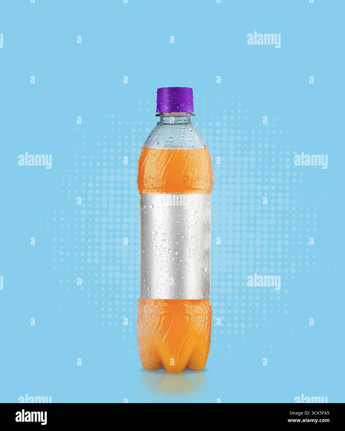 A bottle of orange beverage with a distinctive design, featuring a purple cap and a sleek, modern look. Stock Photo