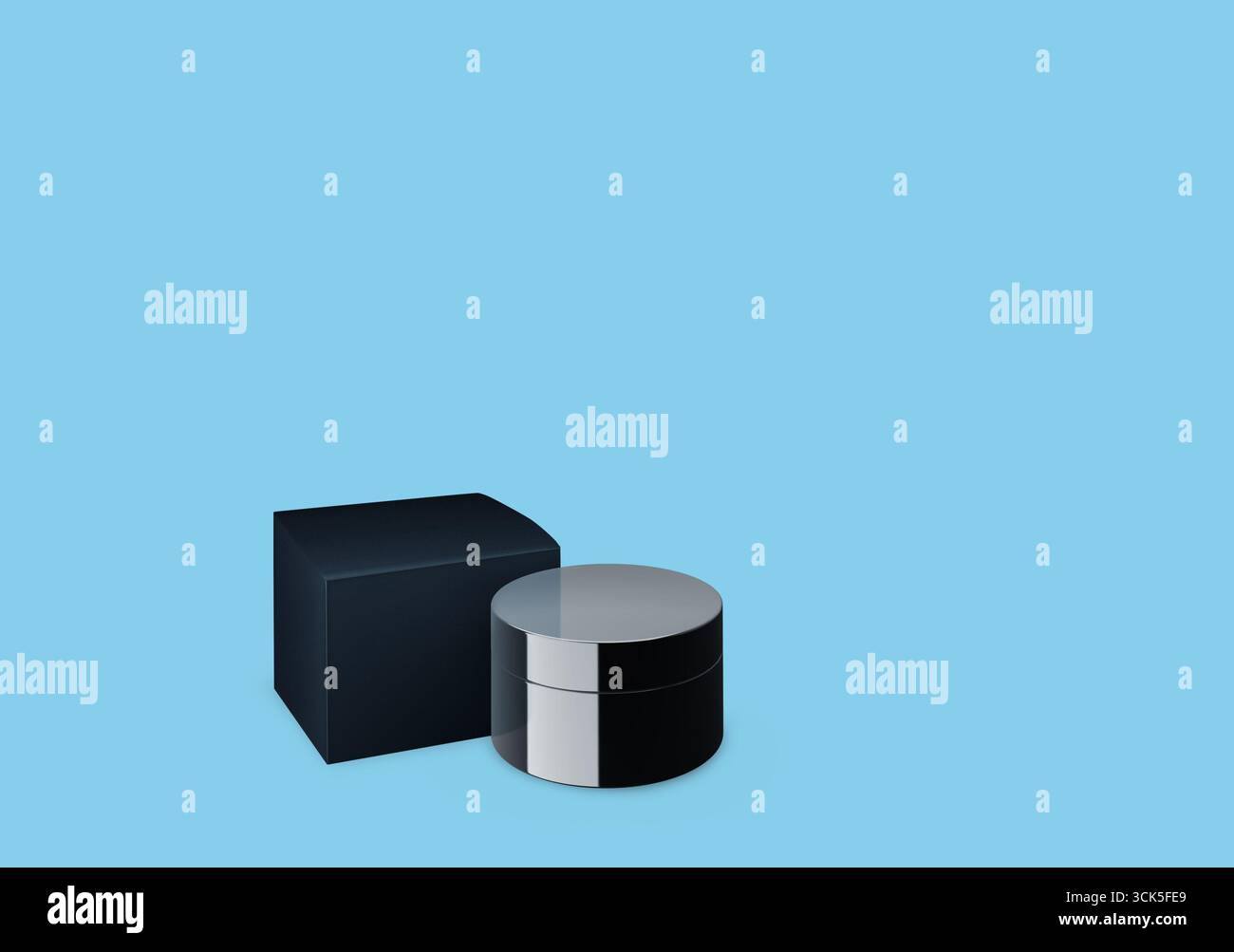 A sleek black and silver packaging design featuring a cylindrical container and a rectangular box. Stock Photo