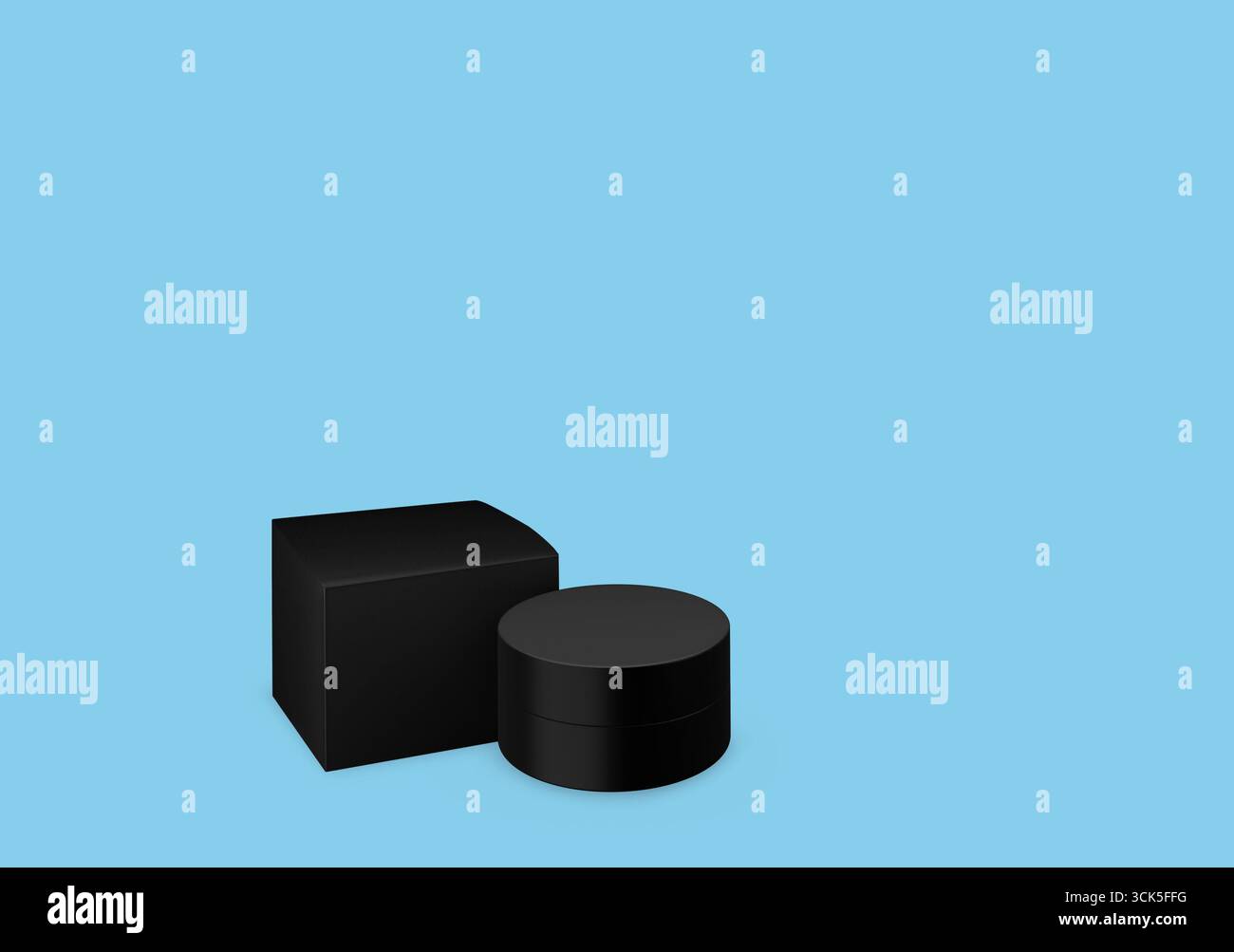 A minimalist black packaging design featuring a cylindrical container and a rectangular box. Stock Photo