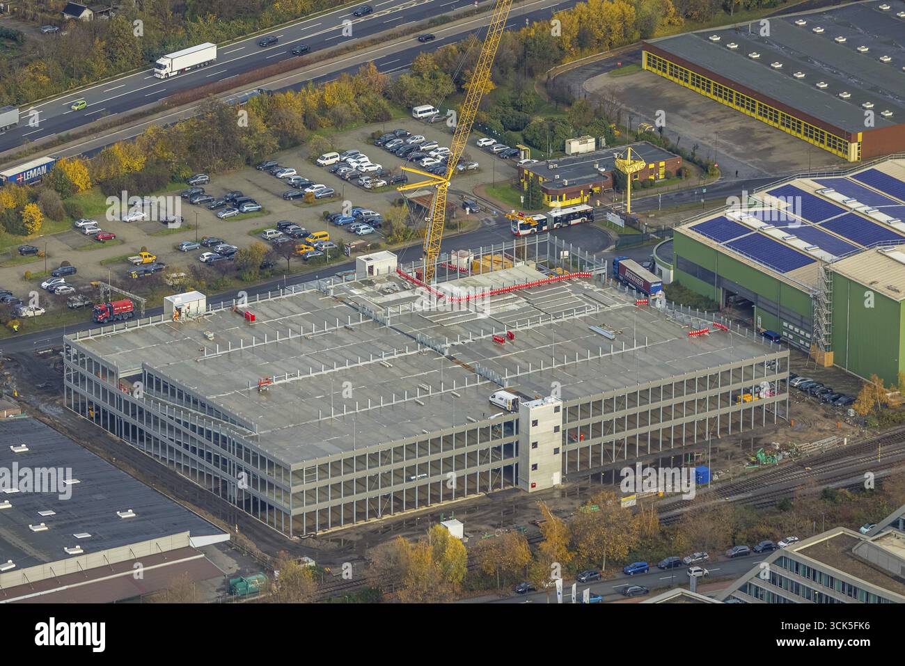 Aerial view, commercial area with construction site and new building ...