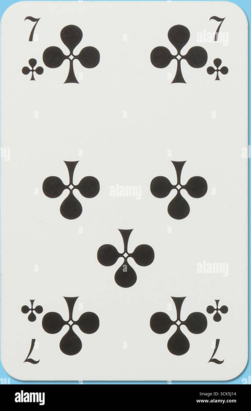 This image shows a playing card featuring the number seven of clubs ...