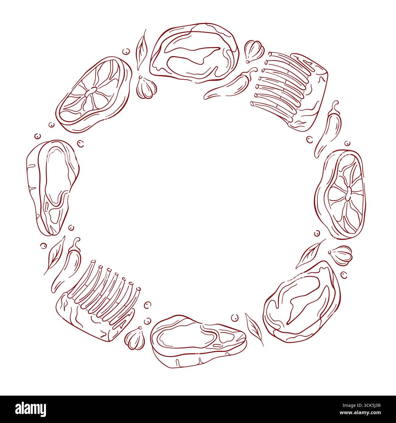 Meat Frame Line art style circular frame of various meat cut and steak for butcher ...