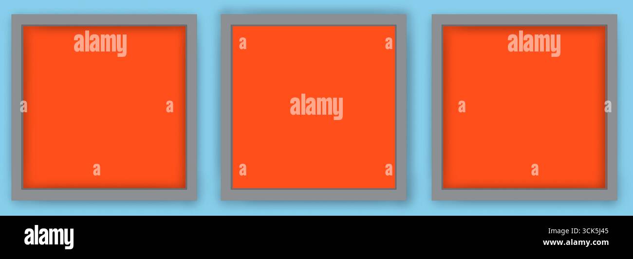 Three orange squares within gray frames, showcasing a simple graphic design. Stock Photo