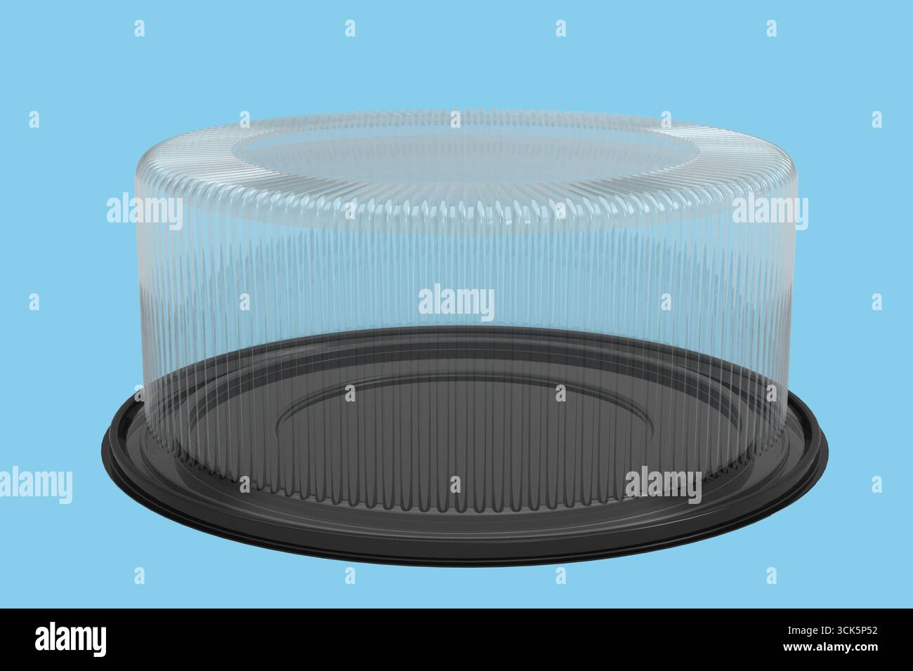 A clear plastic cake dome with ridged edges, designed to cover and protect baked goods like cakes or pastries. Stock Photo