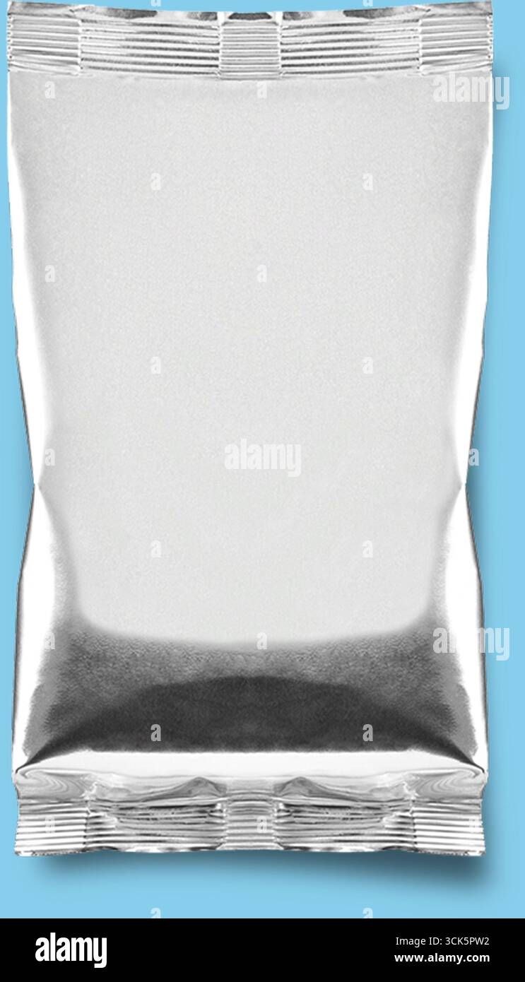 A clear plastic or foil pouch, typically used for packaging food or snacks. Stock Photo
