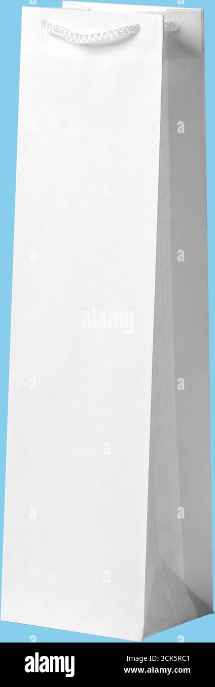 A plain white paper bag designed for carrying items, featuring a simple and elegant structure. Stock Photo