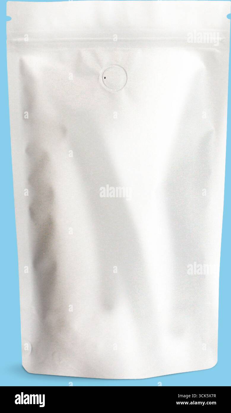 A plain, resealable packaging pouch designed for storing various products. Stock Photo