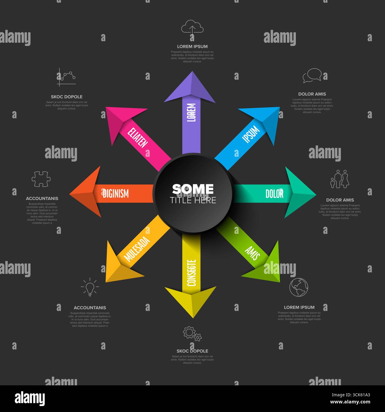 A modern, colorful 3D arrow infographic diagram with eight different ...