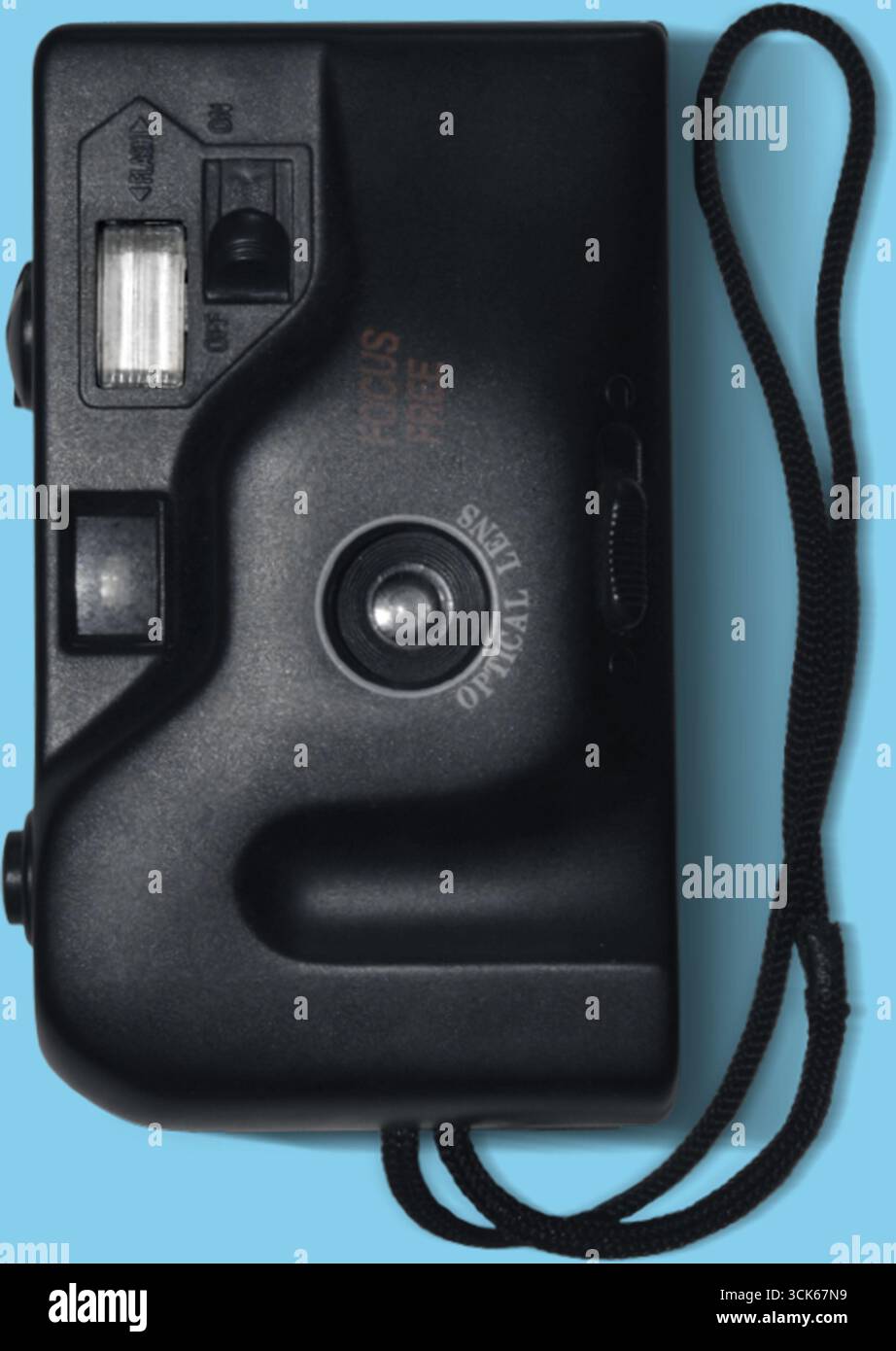 A compact black camera designed for easy photography, featuring a ...