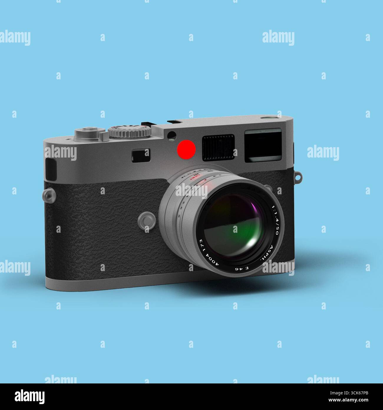 A sleek, modern camera designed for photography enthusiasts, featuring a large lens and a distinctive red shutter button. Stock Photo