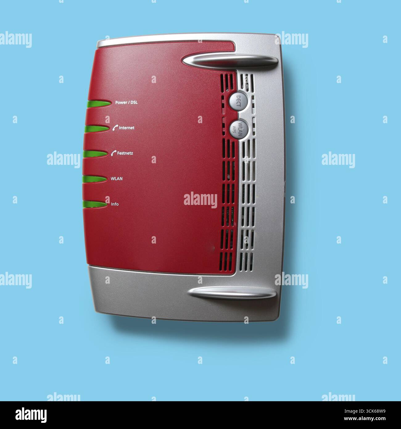 Modem Indicator A red and silver modem/router device with indicator lights for power ...