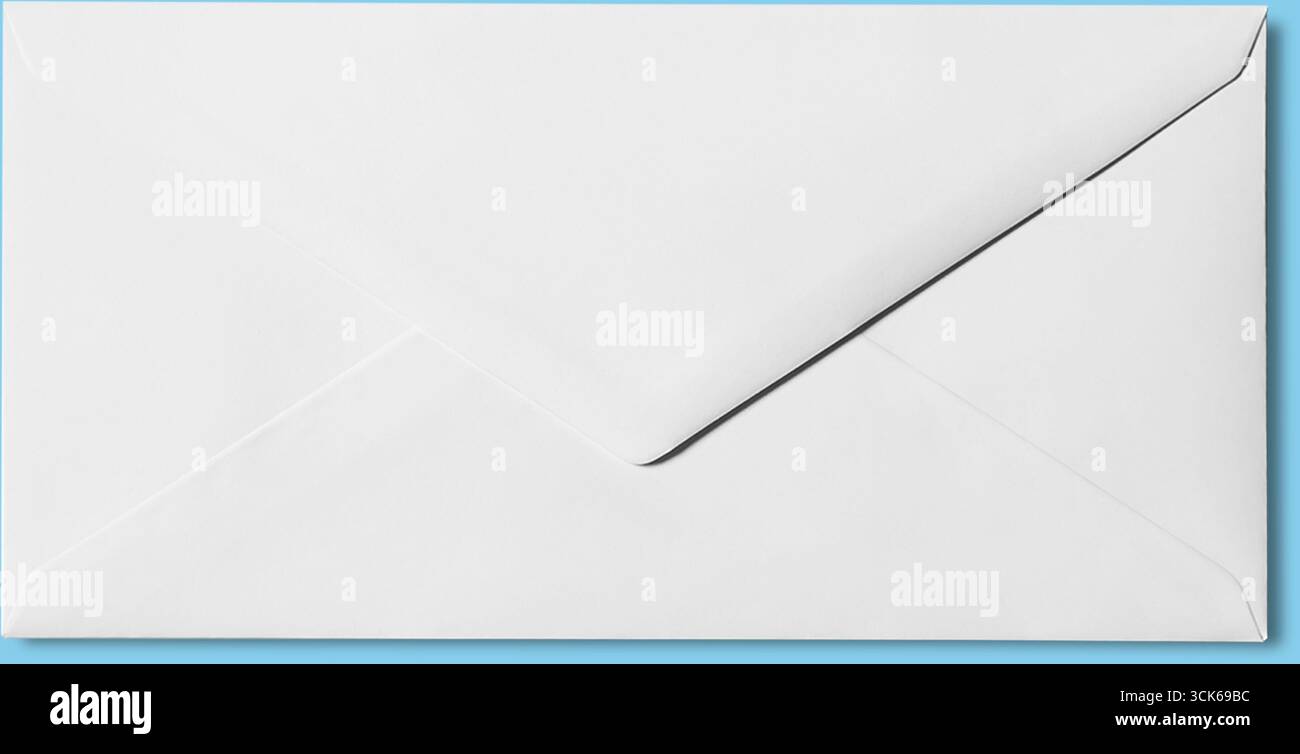 A plain white envelope with a sealed flap, commonly used for mailing letters or documents. Stock Photo