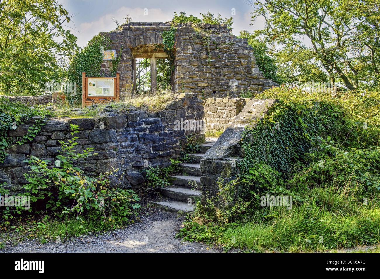 View down old staircase in historic castle courtyard to entrance of former residential building residential wing behind remnant of wall with window ni Stock Photo