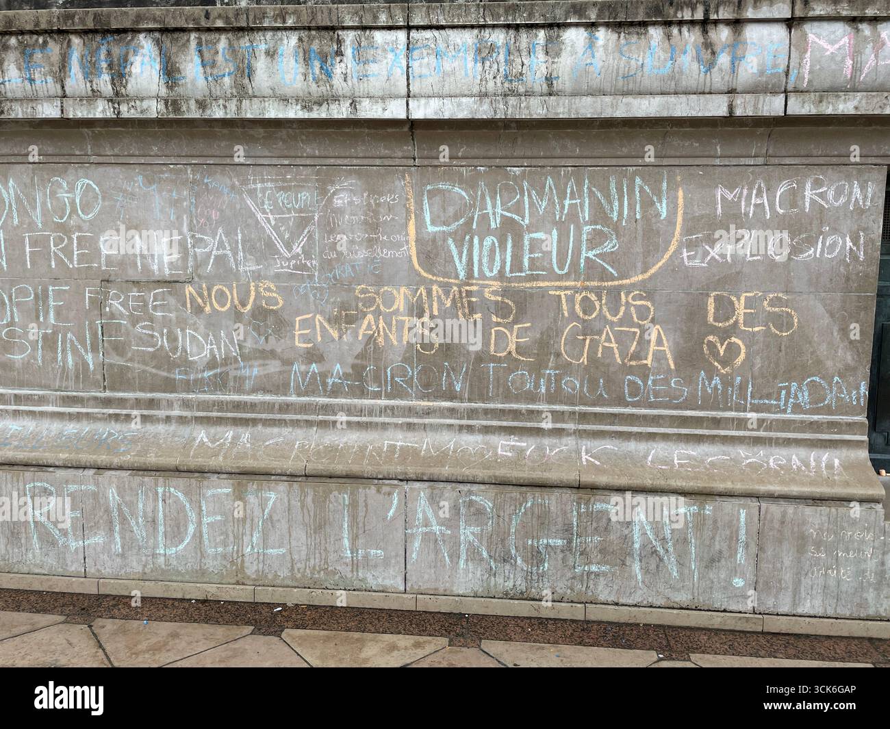 Inscriptions on the Girondins monument in Bordeaux made by protesters from the 'Block Everything' movement on September 10, 2025. France - Smartphone Captured Stock Image