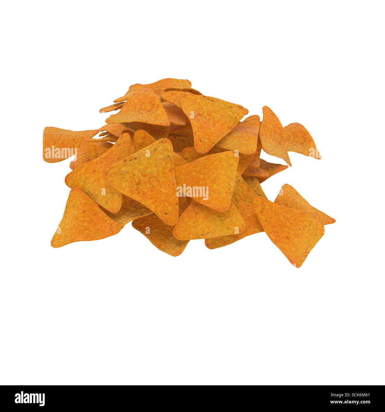 A pile of triangular corn chips, often enjoyed as a snack or appetizer, perfect for dipping in salsas or cheese sauces. Stock Photo