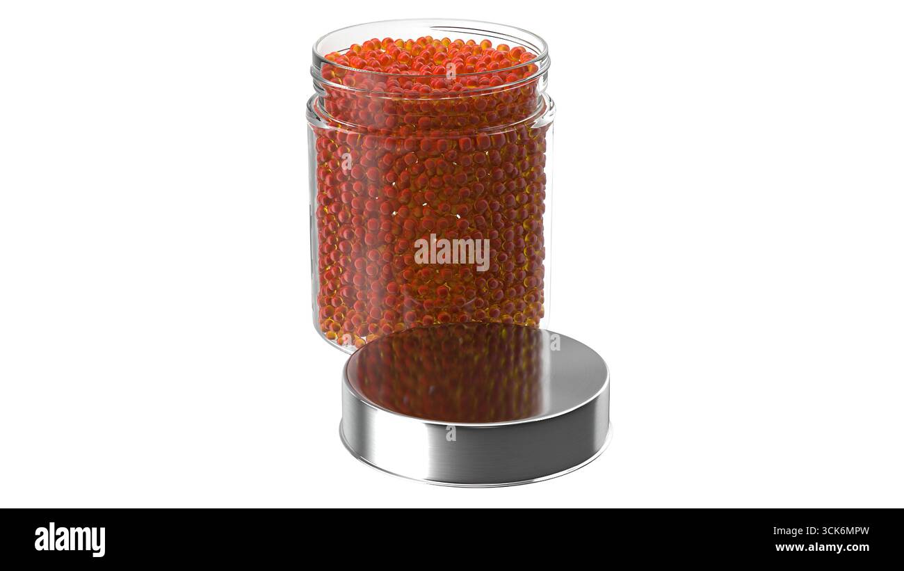 A jar filled with vibrant red beads, possibly representing caviar or a similar food product. Stock Photo