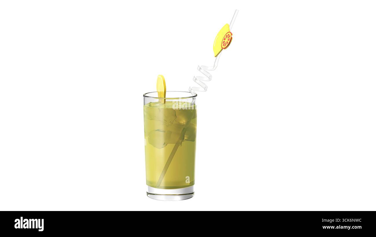 A refreshing drink served in a glass with ice and a decorative straw. Stock Photo