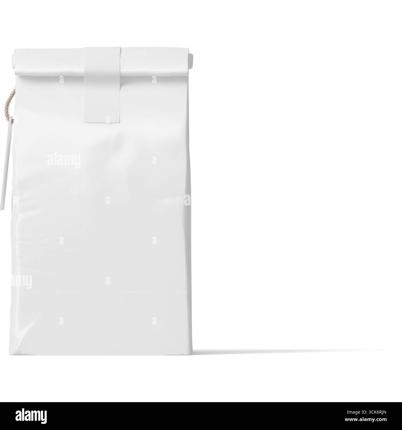 A plain white packaging bag designed for various contents, featuring a fold-over top closure. Stock Photo