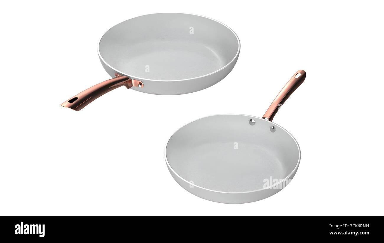 A set of two frying pans with a sleek design, ideal for cooking various dishes. Stock Photo