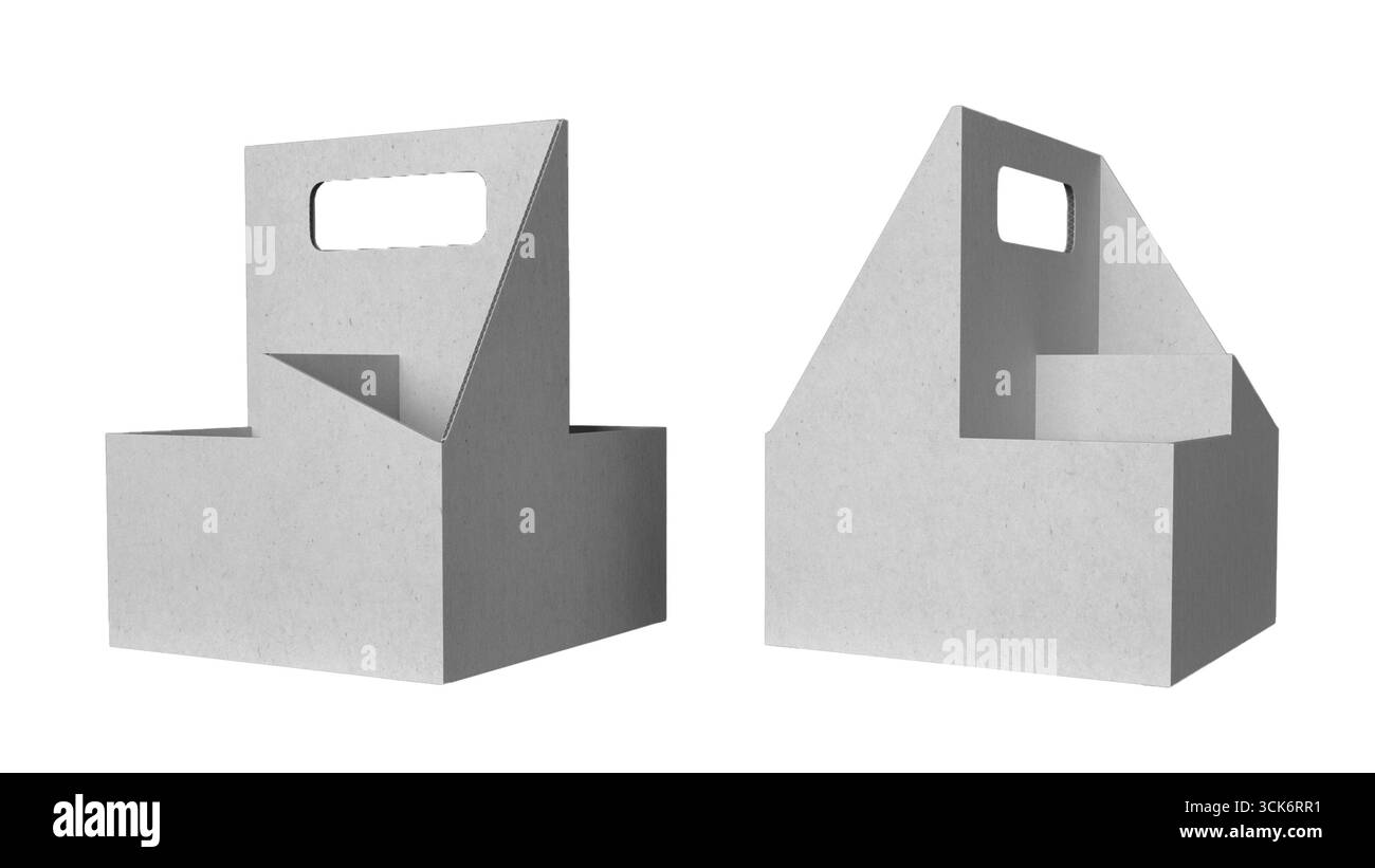 Two paper boxes with handles designed for carrying items, showcasing a ...