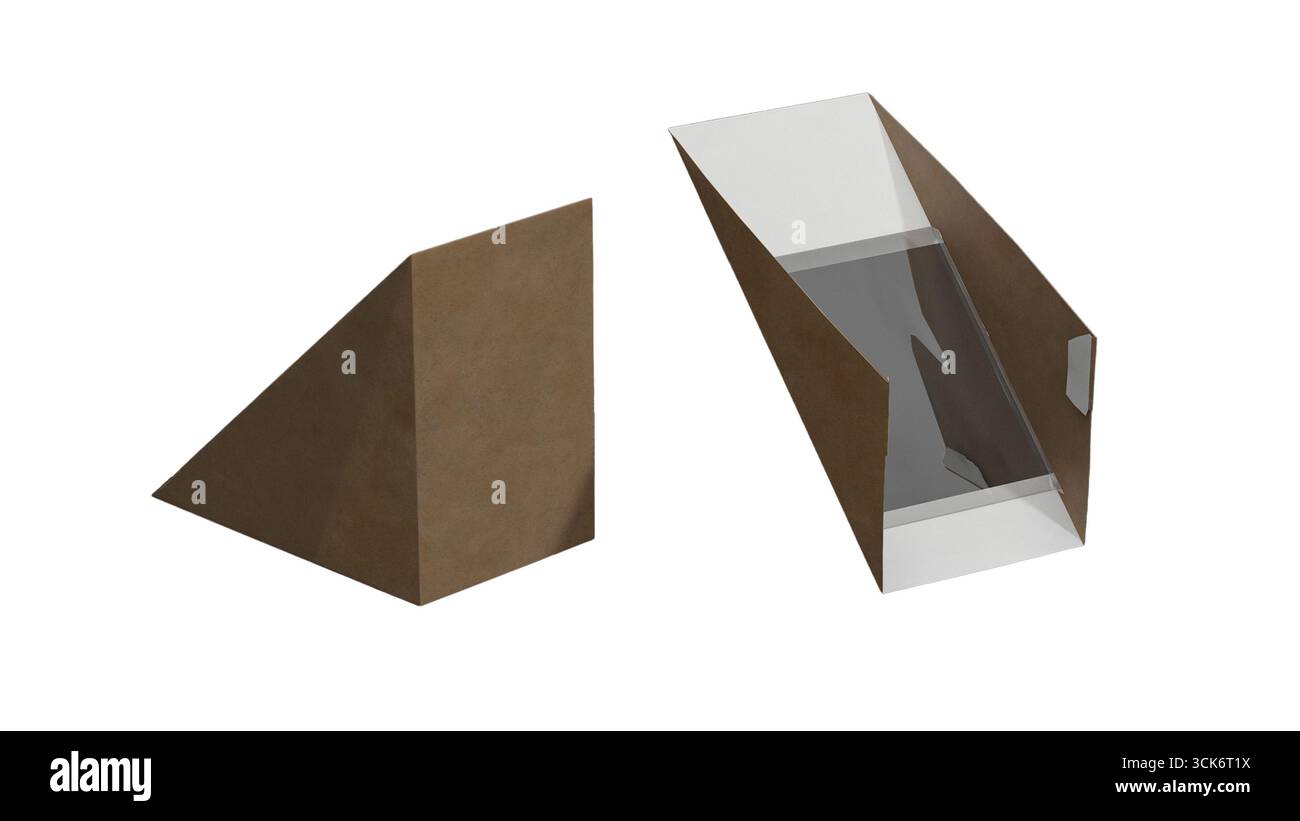 This image shows two triangular packaging boxes, one open and one closed, designed for food or snacks. Stock Photo